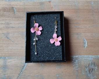 Pink Flower Earrings Asymmetrical Flower Earrings Pink Floral Wreath Statement Daisy Earrings Beads Rhinestone Earrings Pink Clover Flower