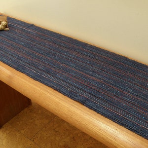 Blue Denim Handwoven Table Runner, Eco-friendly, machine washable, dryable cotton, rayon, easy care blue, navy, rust, orange grey accents image 1