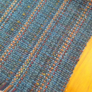 Blue Denim Handwoven Table Runner, Eco-friendly, machine washable, dryable cotton, rayon, easy care blue, navy, rust, orange grey accents image 9