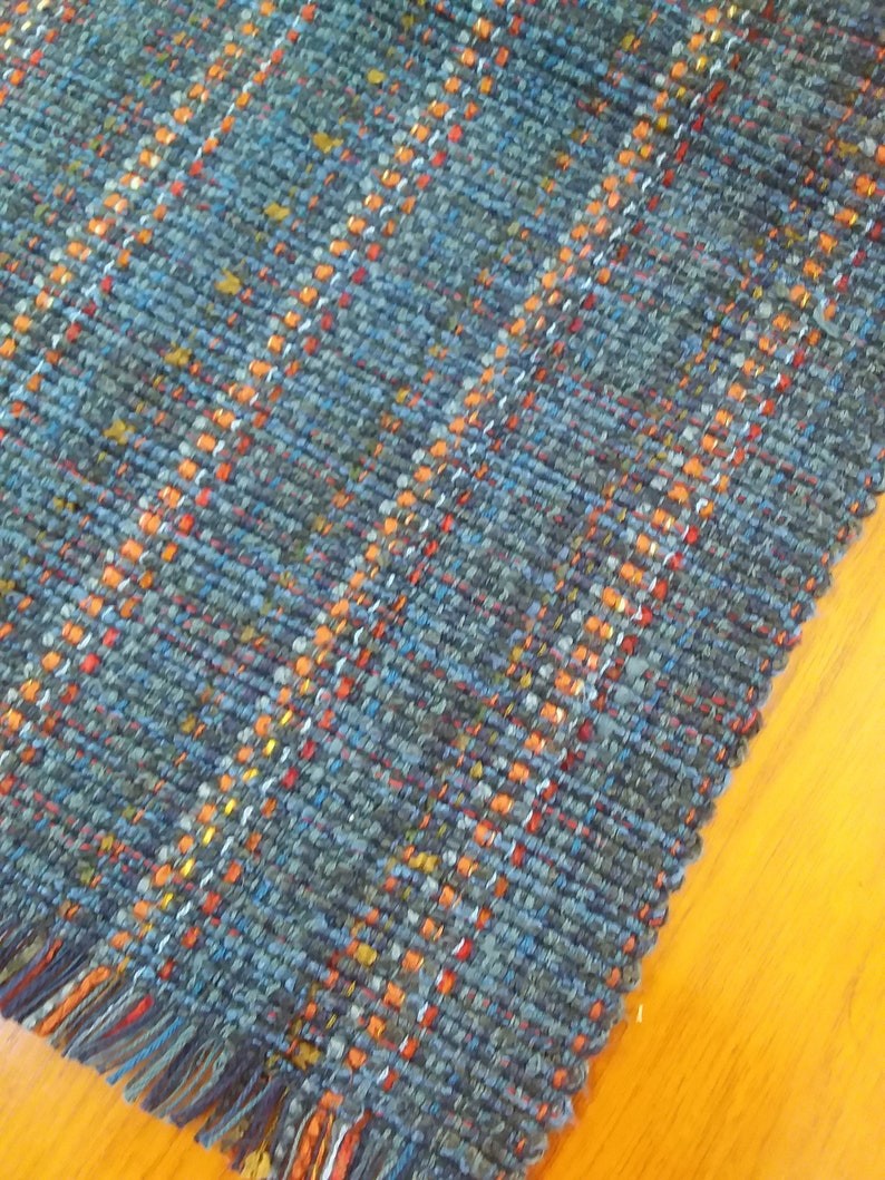 Blue Denim Handwoven Table Runner, Eco-friendly, machine washable, dryable cotton, rayon, easy care blue, navy, rust, orange grey accents image 9