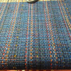 Blue Denim Handwoven Table Runner, Eco-friendly, machine washable, dryable cotton, rayon, easy care blue, navy, rust, orange grey accents image 7