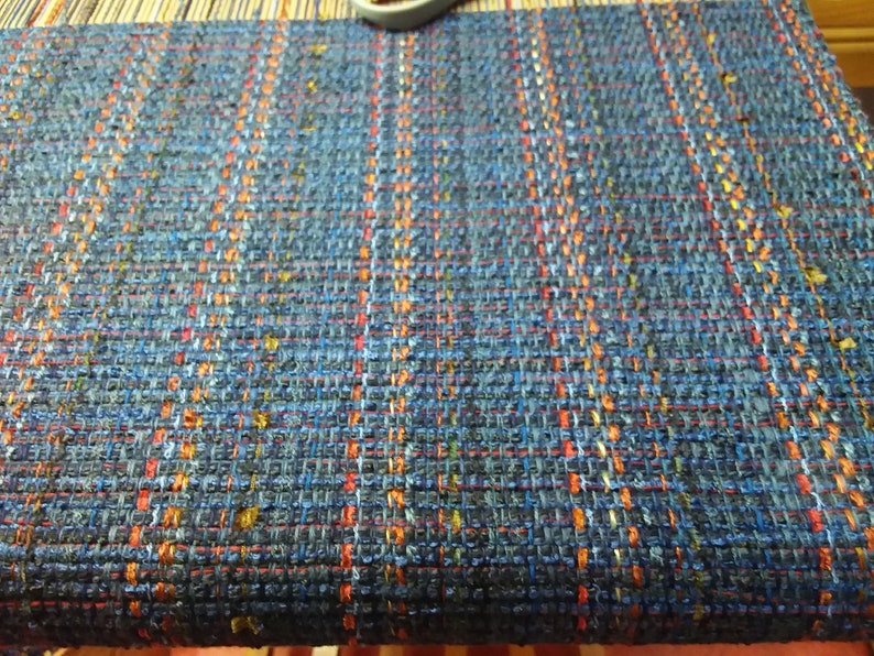 Blue Denim Handwoven Table Runner, Eco-friendly, machine washable, dryable cotton, rayon, easy care blue, navy, rust, orange grey accents image 7