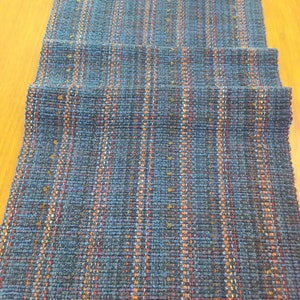 Blue Denim Handwoven Table Runner, Eco-friendly, machine washable, dryable cotton, rayon, easy care blue, navy, rust, orange grey accents image 3