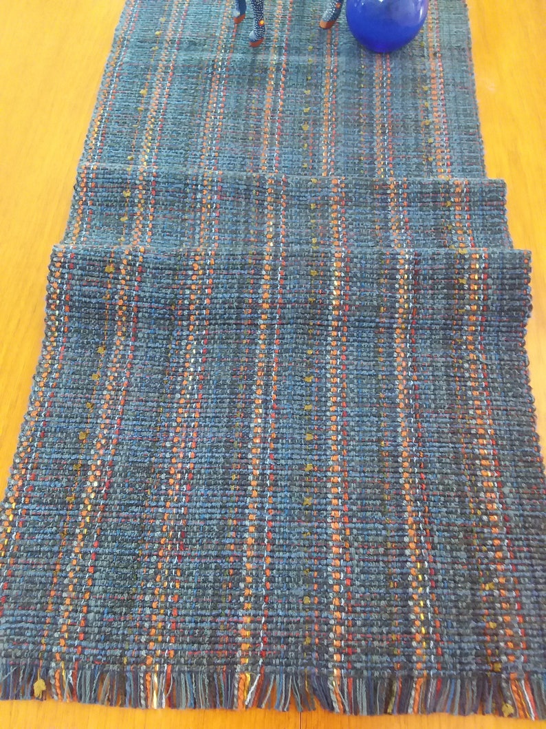 Blue Denim Handwoven Table Runner, Eco-friendly, machine washable, dryable cotton, rayon, easy care blue, navy, rust, orange grey accents image 3