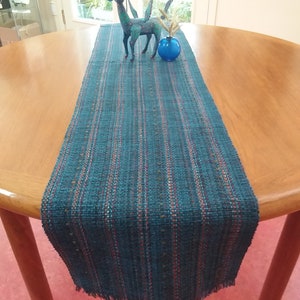 Blue Denim Handwoven Table Runner, Eco-friendly, machine washable, dryable cotton, rayon, easy care blue, navy, rust, orange grey accents image 2