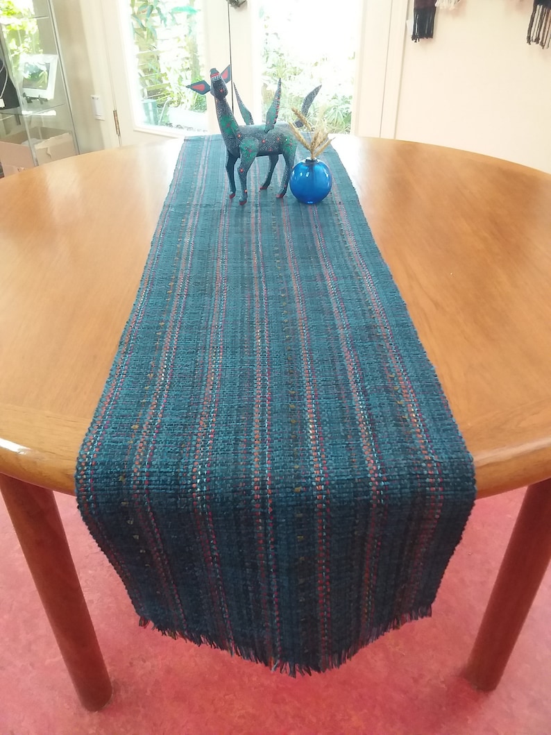 Blue Denim Handwoven Table Runner, Eco-friendly, machine washable, dryable cotton, rayon, easy care blue, navy, rust, orange grey accents image 2