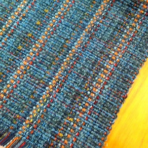 Blue Denim Handwoven Table Runner, Eco-friendly, machine washable, dryable cotton, rayon, easy care blue, navy, rust, orange grey accents image 8