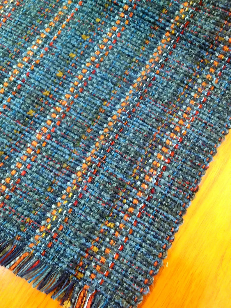 Blue Denim Handwoven Table Runner, Eco-friendly, machine washable, dryable cotton, rayon, easy care blue, navy, rust, orange grey accents image 8