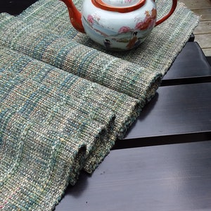 Sea Mist tablerunners, handwoven, sea green/cream textured, machine washable/dryable, cotton, rayon, eco-friendly