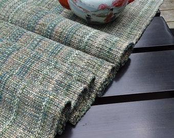 Sea Mist tablerunners, handwoven, sea green/cream textured, machine washable/dryable, cotton, rayon, eco-friendly