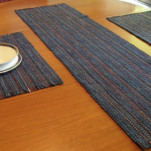 Blue Denim Handwoven Table Runner, Eco-friendly, machine washable, dryable cotton, rayon, easy care blue, navy, rust, orange grey accents image 10