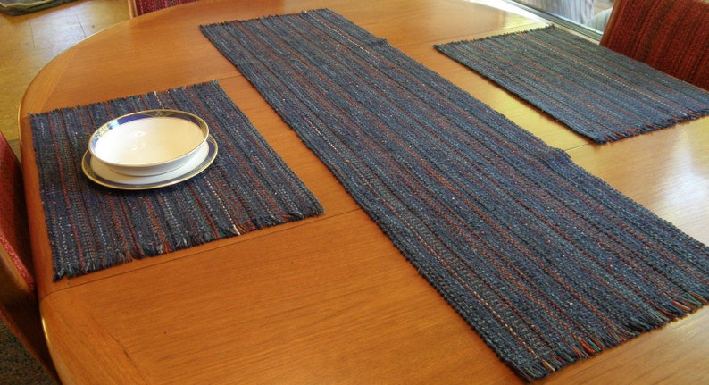 Blue Denim Handwoven Table Runner, Eco-friendly, machine washable, dryable cotton, rayon, easy care blue, navy, rust, orange grey accents image 10