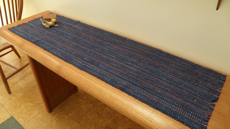 Blue Denim Handwoven Table Runner, Eco-friendly, machine washable, dryable cotton, rayon, easy care blue, navy, rust, orange grey accents image 1