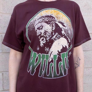 WILLIE NELSON &#39;Headband&#39; Womans cut hem Tee Officially licensed Ruby Wine Mineral wash