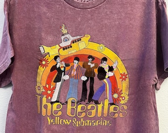 YELLOW SUBMARINE - Half Floral Rainbow - Unisex cut hem Tee (Rhinestones Optional) Officially licensed - the beatles, lennon, mccartney