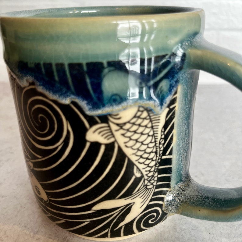 Koi Fish Black & Blue Ceramic Mug, wheel thrown image 5