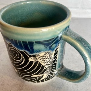 Koi Fish Black & Blue Ceramic Mug, wheel thrown image 6