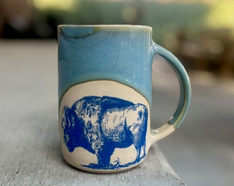 Blue Ceramic Bison Mug, 18 oz, wheel thrown