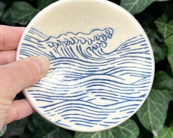 Round Ceramic Ocean Wave Ring Dish, hand made.
