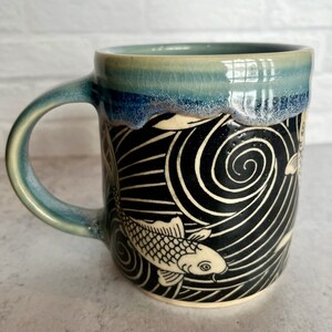 Koi Fish Black & Blue Ceramic Mug, wheel thrown image 2