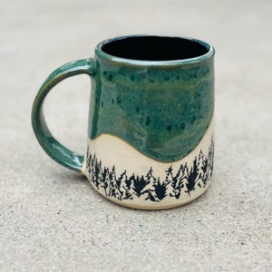 Handmade Wheel Thrown Forest Mug, Dark Green Midnight Blue Ceramic Coffee Cup