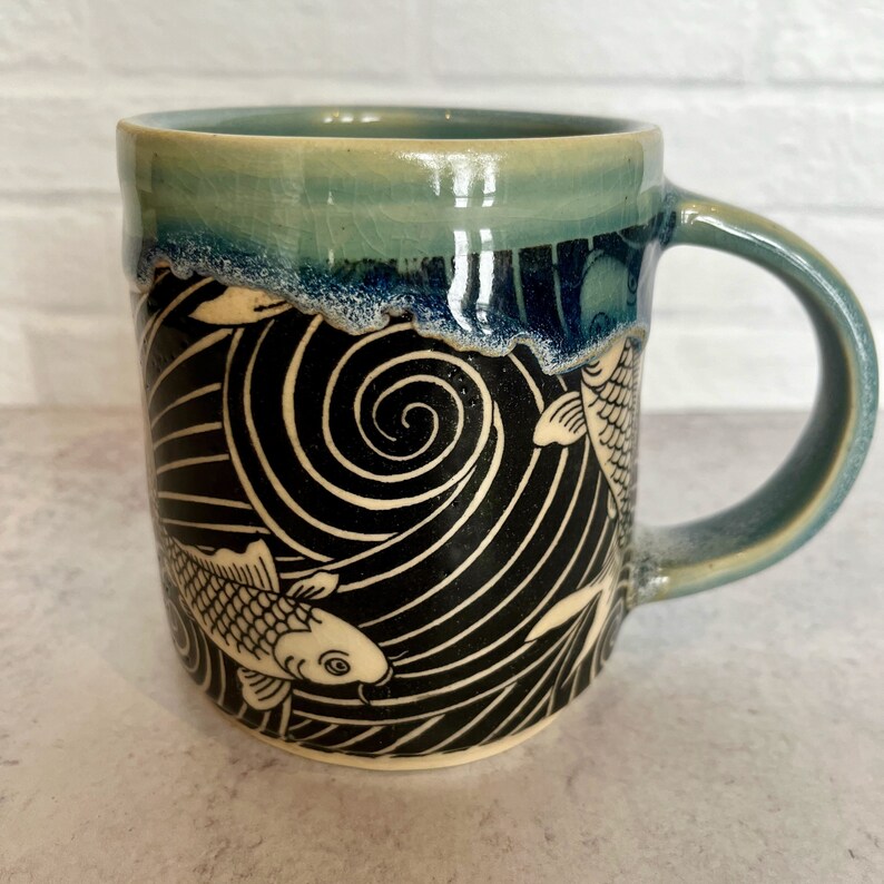 Koi Fish Black & Blue Ceramic Mug, wheel thrown image 1