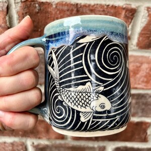 Koi Fish Black & Blue Ceramic Mug, wheel thrown image 7