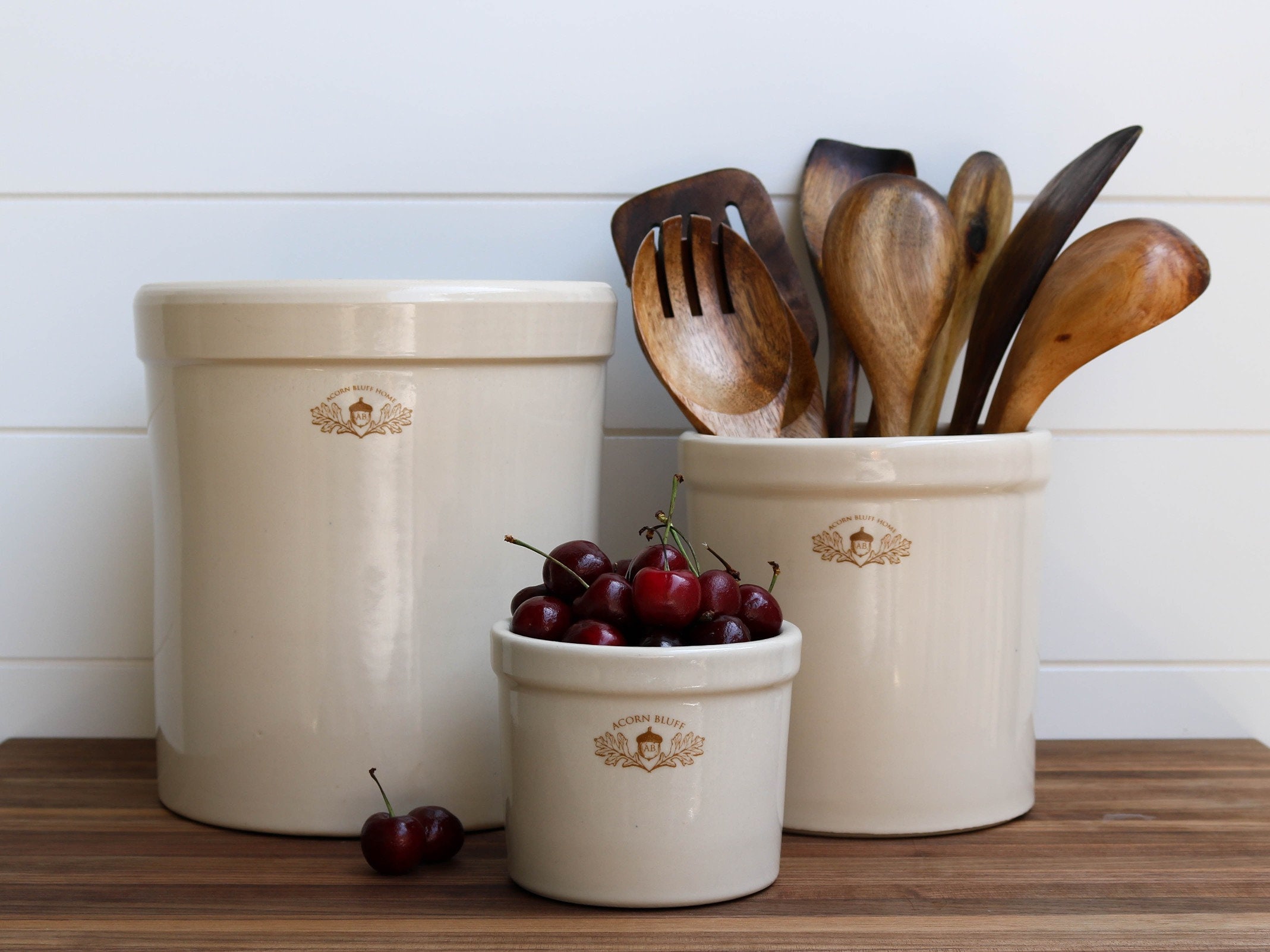 Handmade Stoneware Crock Trio: Farmhouse Kitchen Storage - USA Made