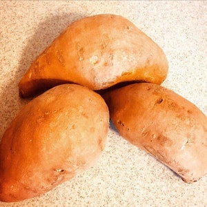 May include: Three orange-brown sweet potatoes are arranged on a speckled, light-colored surface. The sweet potatoes have an oblong shape with a slightly rough texture. The lighting creates highlights and shadows, emphasizing their form.
