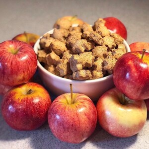 K&ouml;nnte beinhalten: Eine wei&szlig;e Sch&uuml;ssel gef&uuml;llt mit braunen Hunde-Leckerlis, umgeben von roten &Auml;pfeln auf einer hellbraunen Oberfl&auml;che.