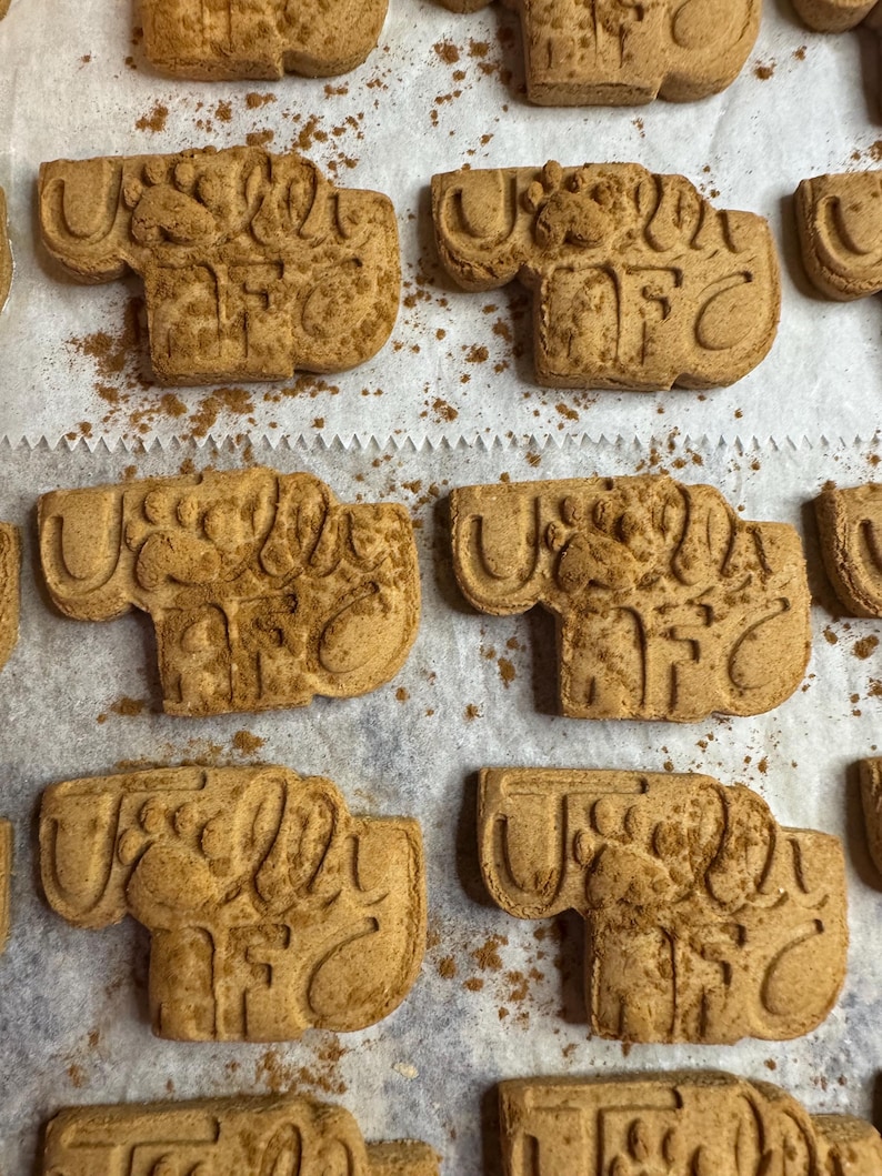 K&ouml;nnte beinhalten: Nahaufnahme einer Backform mit mehreren braunen Hundekekse. Die Kekse sind in Form eines Hundebeins geformt und haben die Worte "US ALL" und "AFC" eingepr&auml;gt. Die Kekse sind mit Zimt best&auml;ubt.