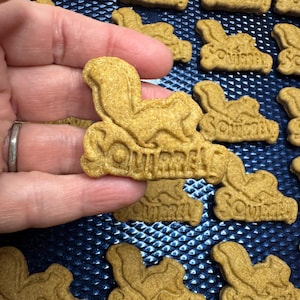 May include: A close-up of a hand holding a brown cookie with the word "Souvenir" embossed on it. The cookie is surrounded by other cookies with the same design on a blue baking sheet.