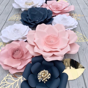 10pc Blush/ Light Pink, White and Navy Blue GIant Paper Flowers Backdrop/ Nursery Decor image 3