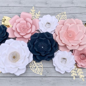 10pc Blush/ Light Pink, White and Navy Blue GIant Paper Flowers Backdrop/ Nursery Decor image 1