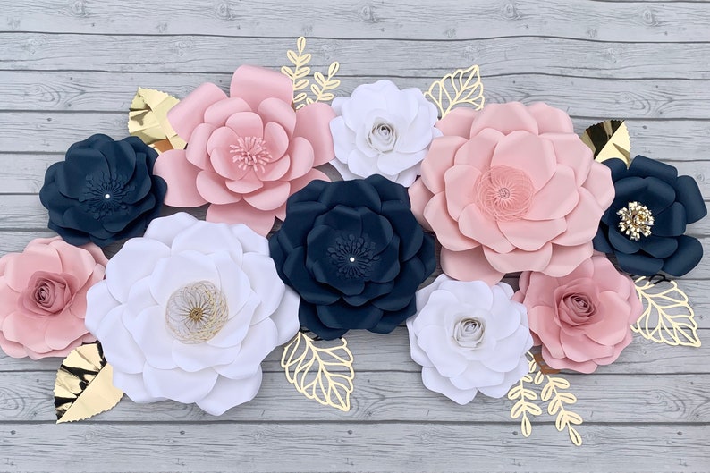 10pc Blush/ Light Pink, White and Navy Blue GIant Paper Flowers Backdrop/ Nursery Decor image 1