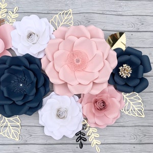 10pc Blush/ Light Pink, White and Navy Blue GIant Paper Flowers Backdrop/ Nursery Decor image 2