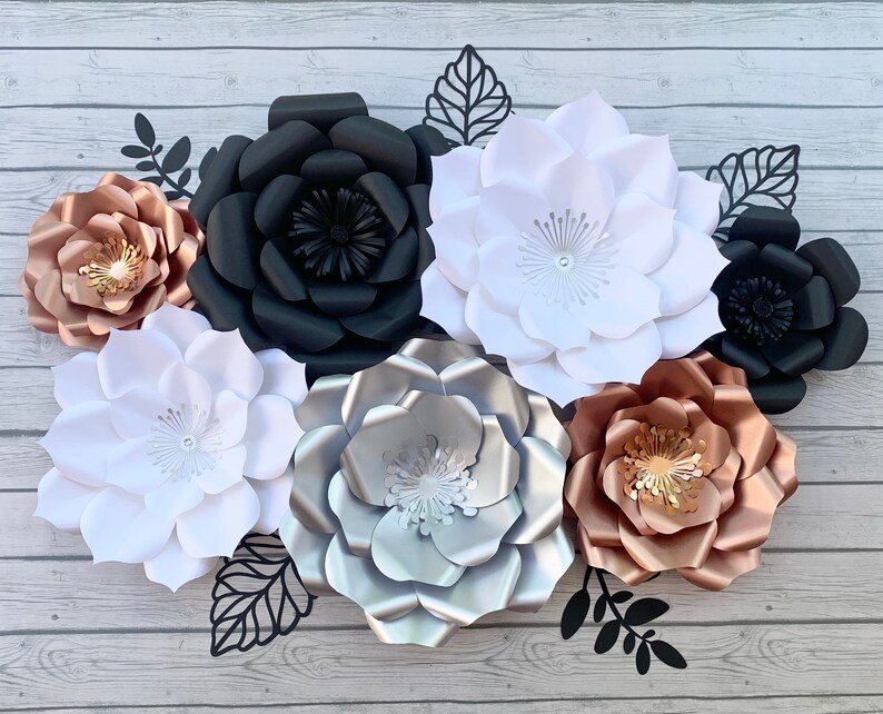 7pc Black White Rose Gold and Silver Giant Paper Flower Etsy