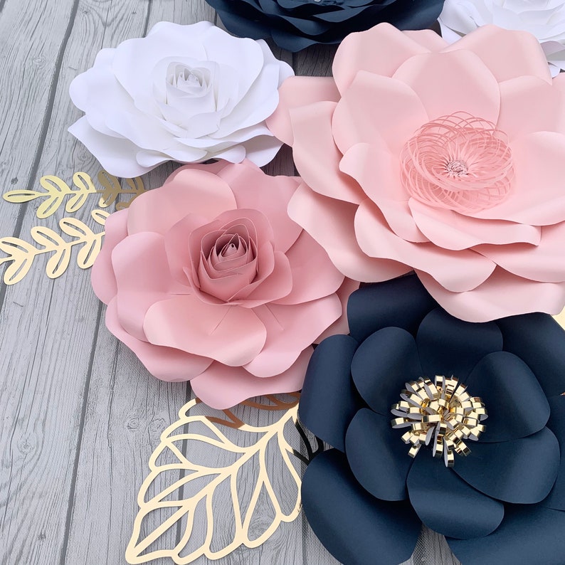 10pc Blush/ Light Pink, White and Navy Blue GIant Paper Flowers Backdrop/ Nursery Decor image 4