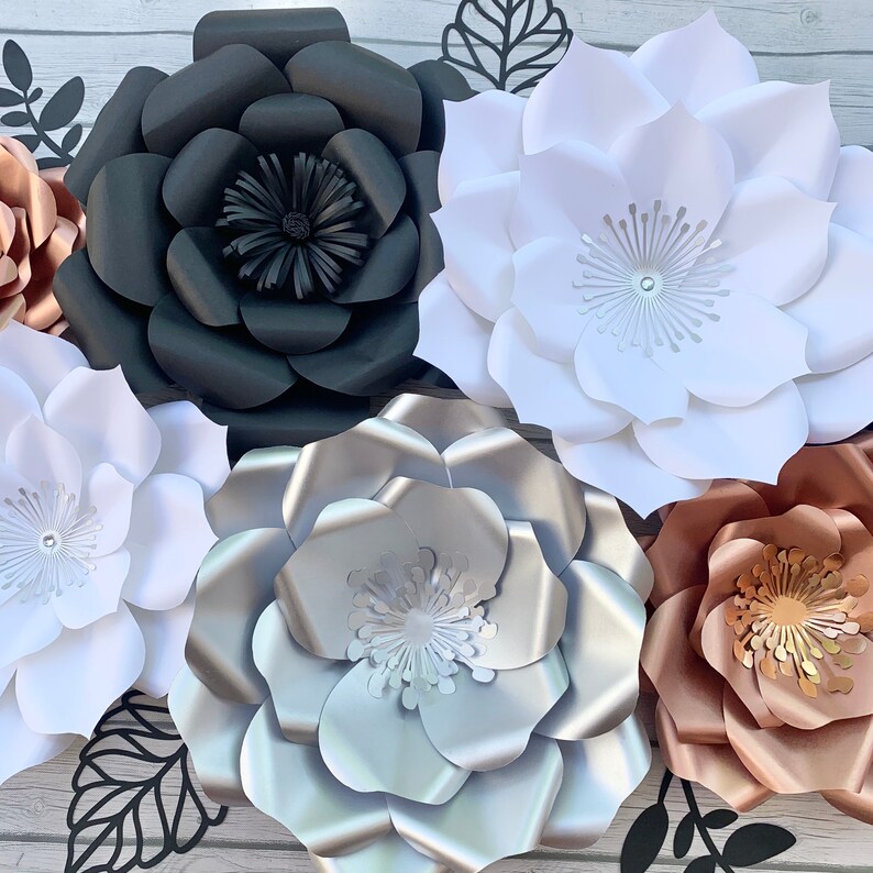 7pc Black White Rose Gold and Silver Giant Paper Flower Etsy