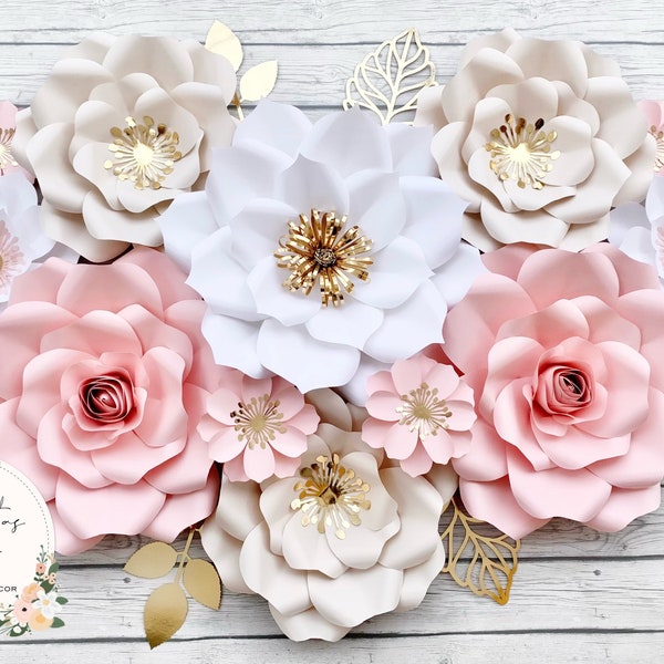 13 pc Blush, White and Gold Giant Paper Flowers