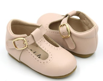 Light Pink Neutral Hard Sole T-Bar Shoes- pink  Soft Sole T-bar Baby and Toddler Shoes- Mary Janes - Ready To Ship