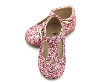 Size 10 Pink Glitter Hard Sole T-Bar Shoes- Baby and Toddler Shoes- Mary Janes- Valentines Day Shoe- Ready To Ship