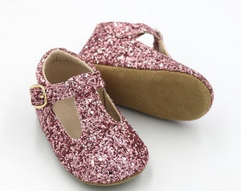 Pink Glitter Soft Sole T-Bar Shoes- Baby and Toddler Shoes- Mary Janes- Valentines Day Shoe