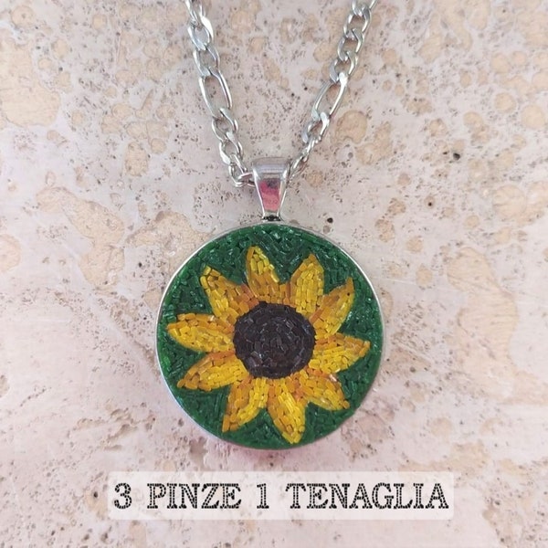 Sonnenblumenanhänger - Halskette mit Anhänger, Mikromosaik, Sonnenblume, Stahl