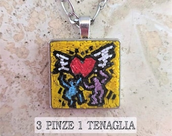 Colgante de amor de Keith Haring - Collar con colgante, micromosaico, hombrecitos, corazón, acero