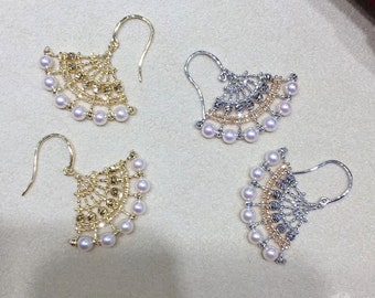 AAA 3-4 mm Akoya Pearl Fan Earrings 18k Gold