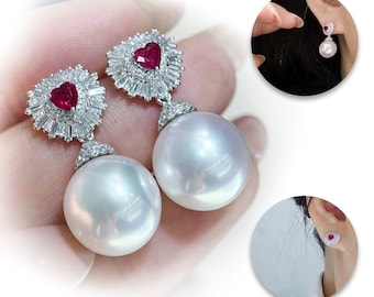 Transformable Ruby Diamond and AAAA 12-13 mm South Sea Pearl Earrings