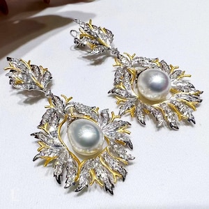 Crown Radiance — Baroque Laurel AAAA South Sea Pearl Diamond Buccellati-Style Earrings in 18k White & Yellow Gold