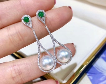 0.66ct diamond, AAA 9-9.5 mm Akoya Pearl Earrings 18k Gold w/ Emerald
