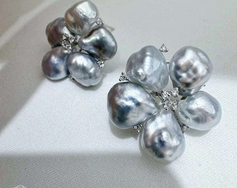 0.41 ct Diamond AAAA KESHI South Sea Pearl Earrings 18k Gold w/ Diamond